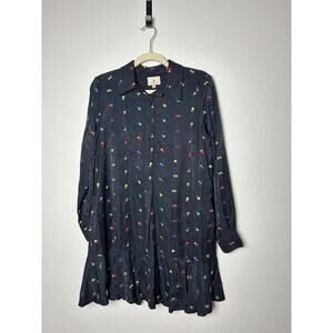 Tuckernuck Dress Womens Embroidered Collared Black Multi Drop Waist Ruffle Sz S